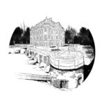 Grafika ilustracyjna. Na grafice w kole wizualizacja obecnej fasady zamku