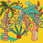 Stylizowana ilustracja Hanny Tricoire przedstawiająca kobietę w kolorowej dżungli na żółtym tle. Kobieta przytula drzewo, między drzewami widać krokodyla, małpę, węża, jelenia, ptaki i motyle.